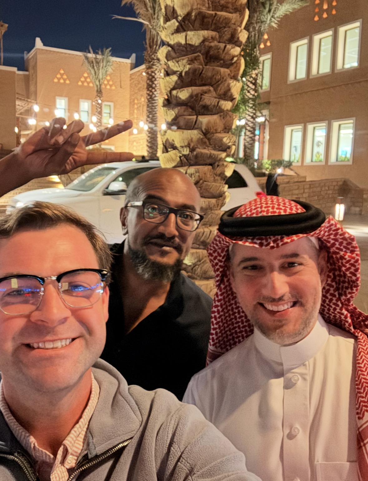 Evening selfie with two friends in Saudi Arabia